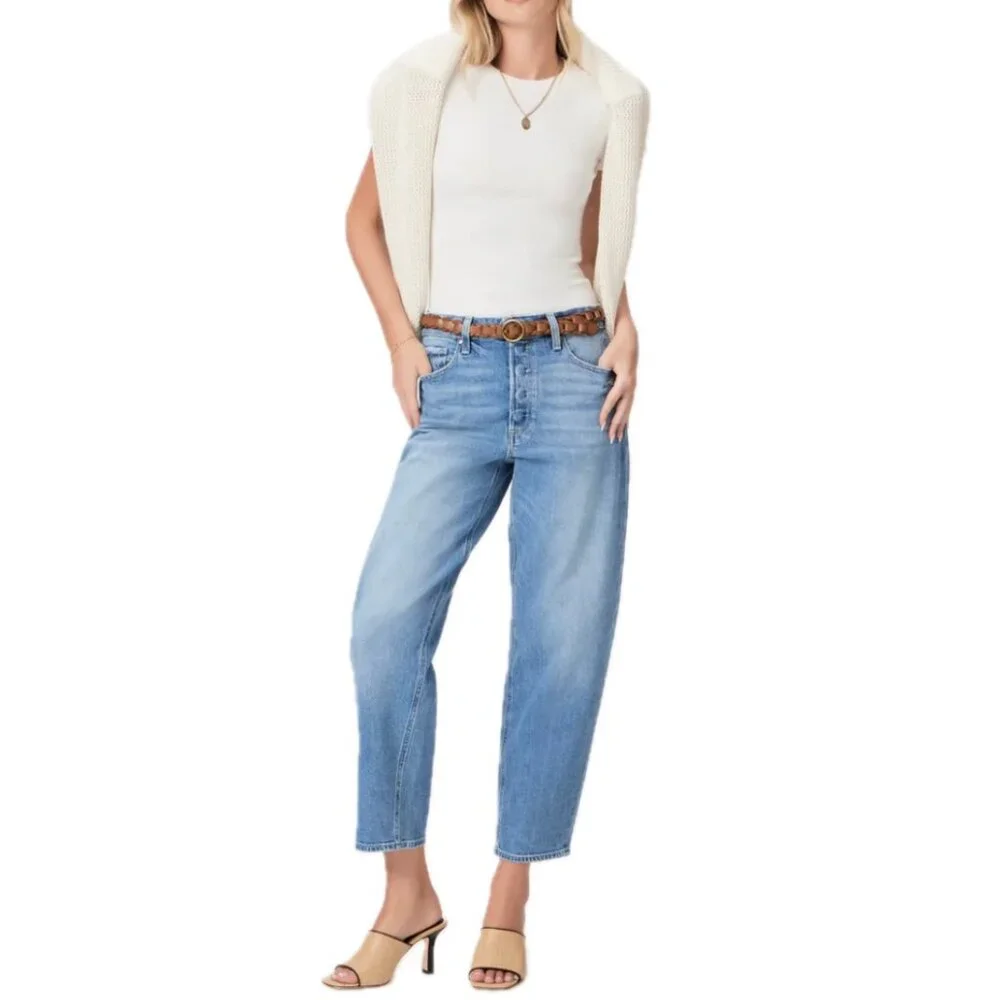 PAIGE Alexis Hi-Rise Barrel Leg Jean Exhibition Distressed Cropped Buttons Sz 28